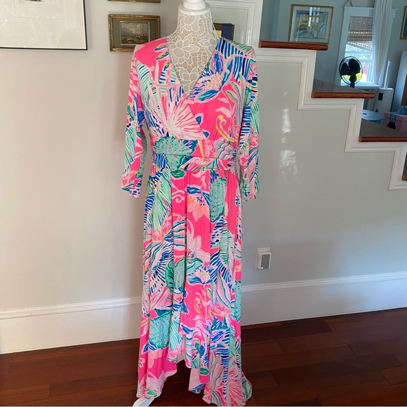 Lilly Pulitzer Dresses & Skirts - LILLY PULITZER Montague Maxi Dress Faux Wrap Raz Berry Sunset Soirée XL